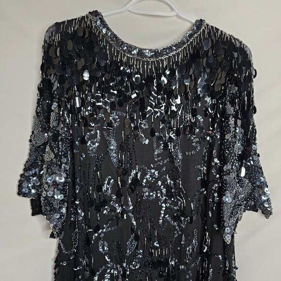 Vtg OLEG CASSINI Silk Dress BLACK Beaded size 10 Great Gatsby Cocktail Evening - Picture 12 of 13